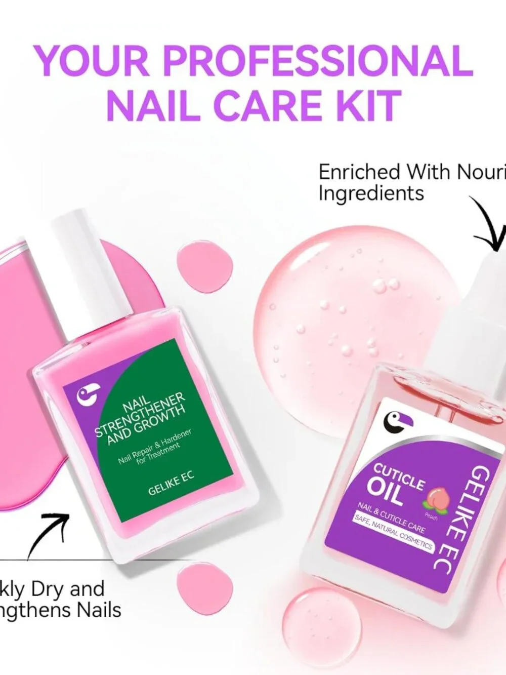 Nail Growth Treatment Enamel & Cuticle Oil Nailcare Set Pink Peach 15ml NEW